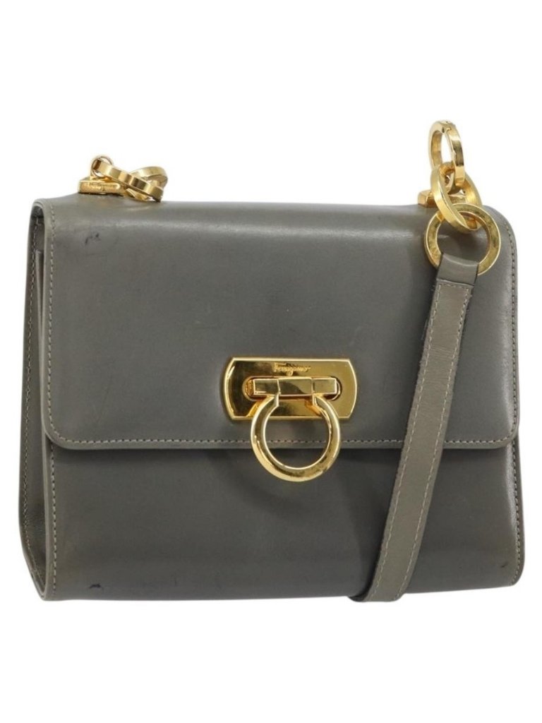 Authentic Salvatore Ferragamo Gancini Chain Shoulder Bag Leather Gray Gold